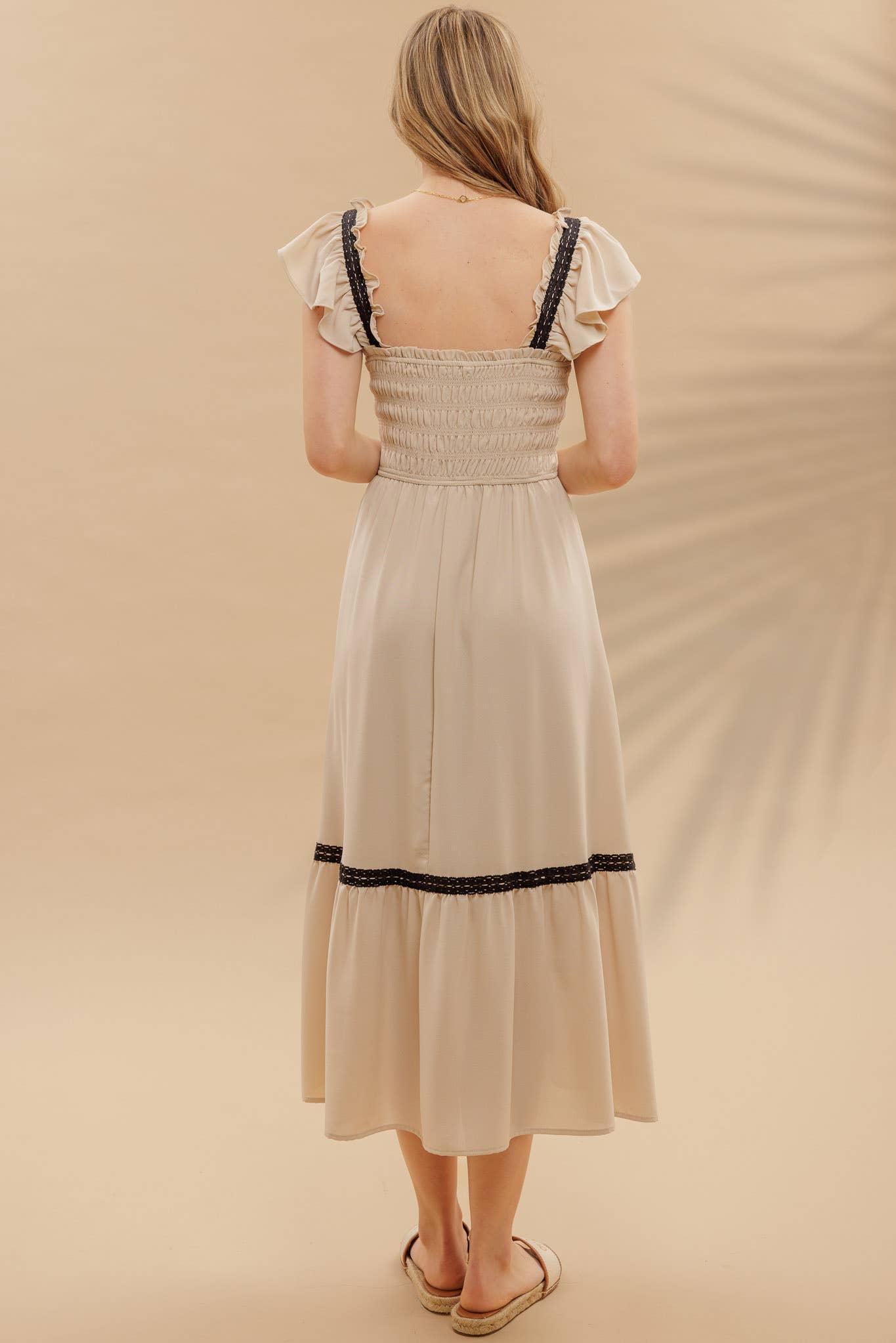 FINAL SALE- CONTRAST DETAIL SMOCKED RUFFLE MIDI DRESS 926 WEST