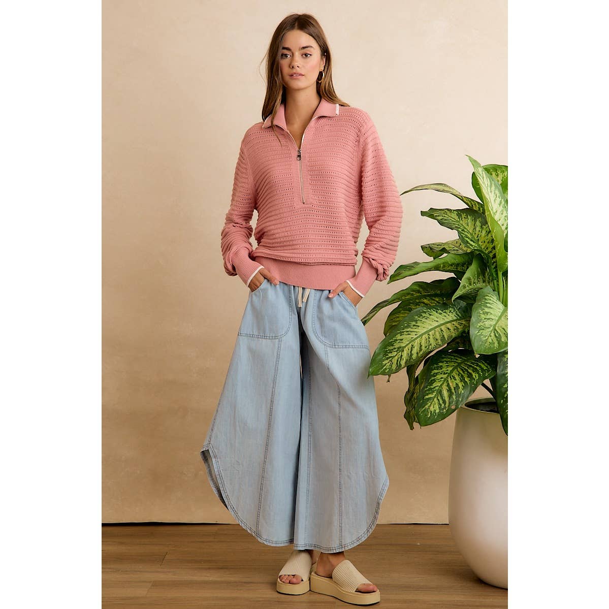 BiBi Washed Denim Tulip-Hem Pants with Pockets