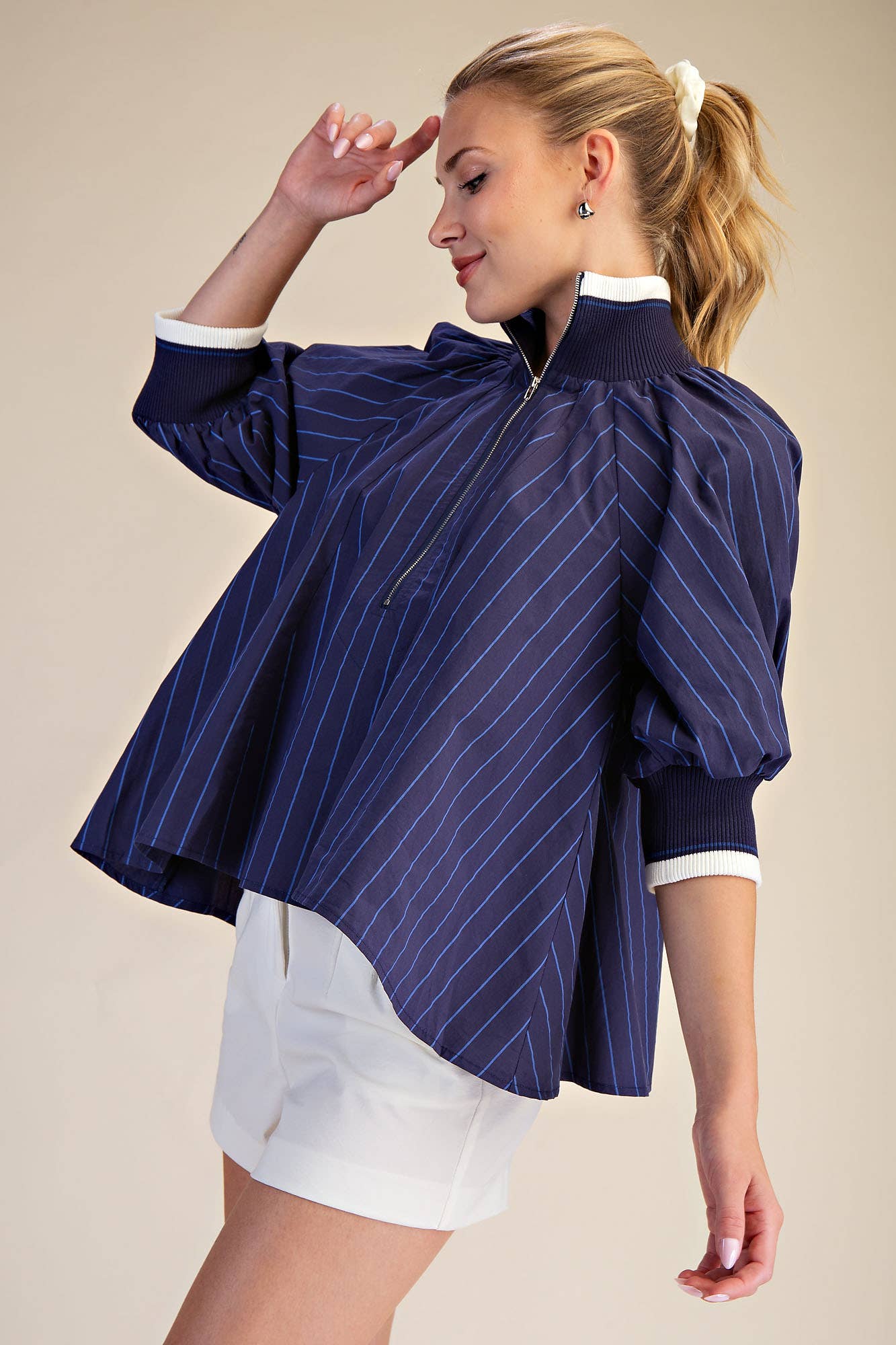GLAM - Mock Neck Band Puff Sleeve Blouse