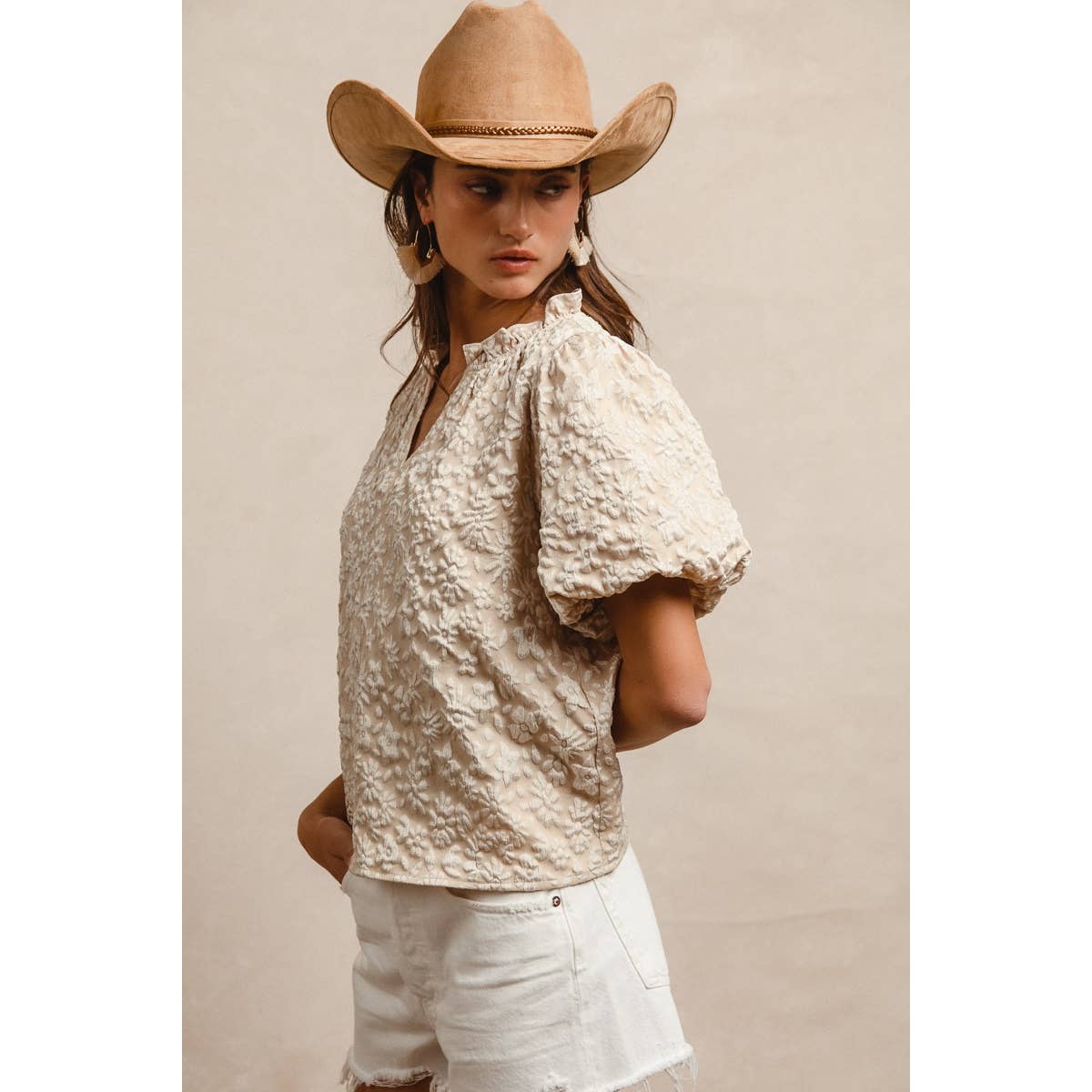 Floral Texture Balloon Sleeve V-Neck Top