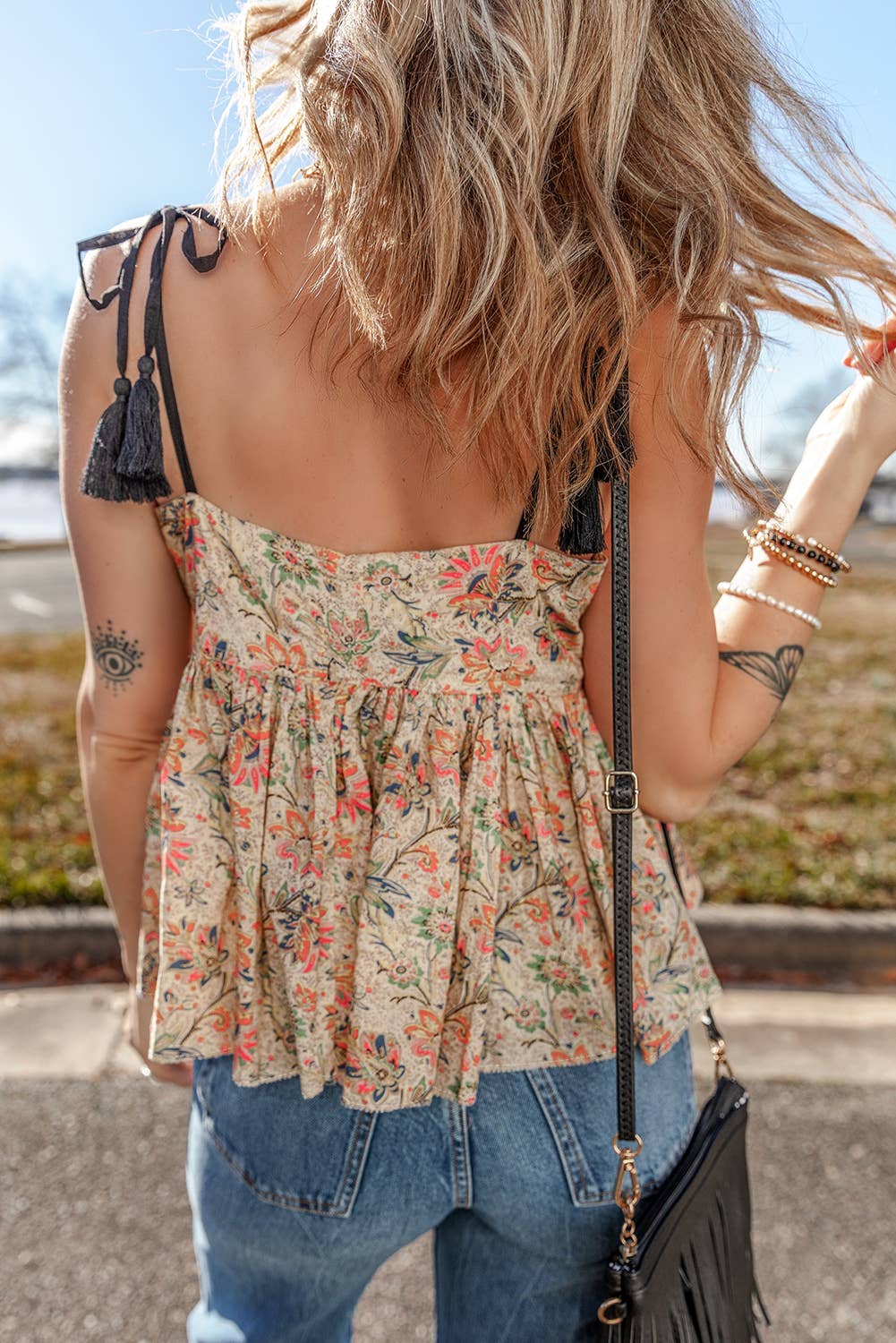 Floral Print Spaghetti Straps Ruffled Peplum Tank Top 926 WEST