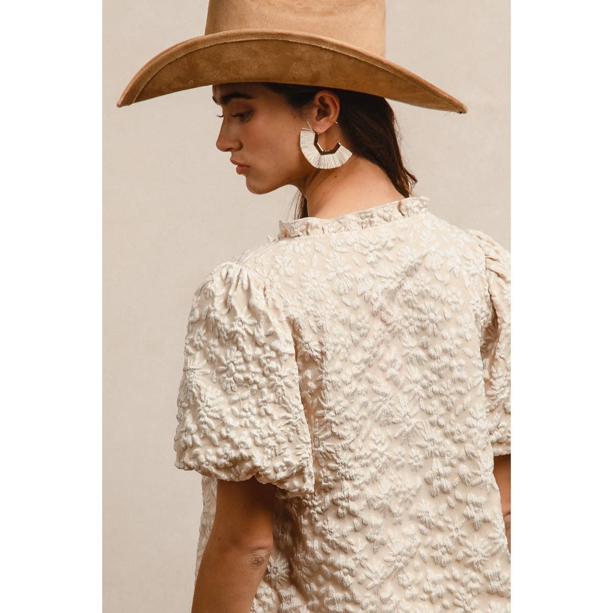 Floral Texture Balloon Sleeve V-Neck Top