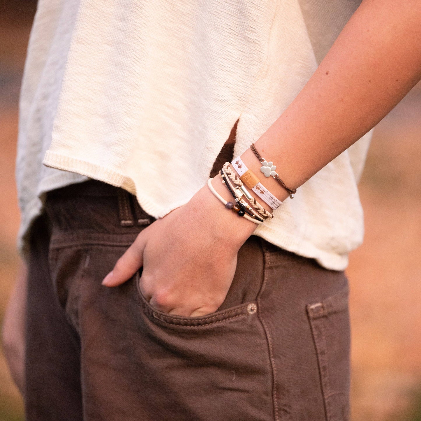 "Paws" Natural Hues with Silver and Paw Accents Hair Tie Bracelet