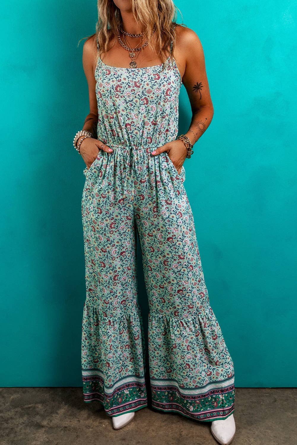 FINAL SALE- Boho Floral Ruffle Hem Summer Jumpsuit 926 WEST