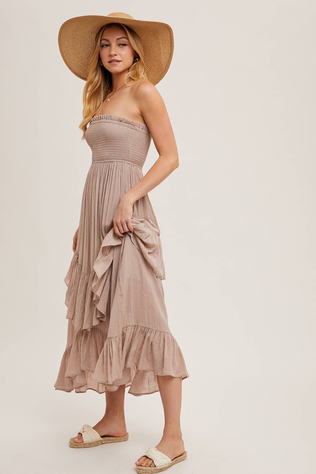 FINAL SALE- BOHO SMOCKED STRAPLESS TIERED RUFFLE MIDI DRESS 926 WEST