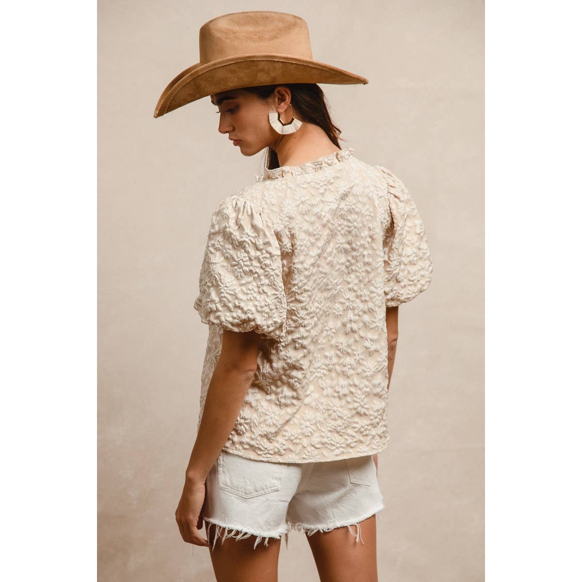 Floral Texture Balloon Sleeve V-Neck Top