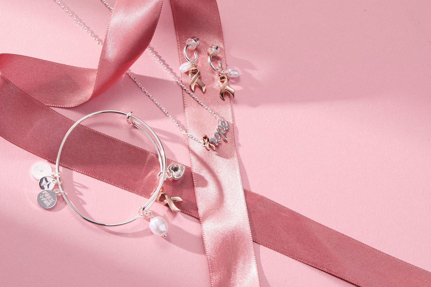 ALEX + ANI - 'Hope' Breast Cancer Awareness Pink Ribbon Necklace