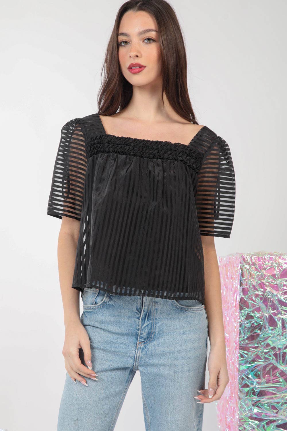 VERY J - Puff Sleeve Organza Stripe Sheer Blouse Top - 926 West