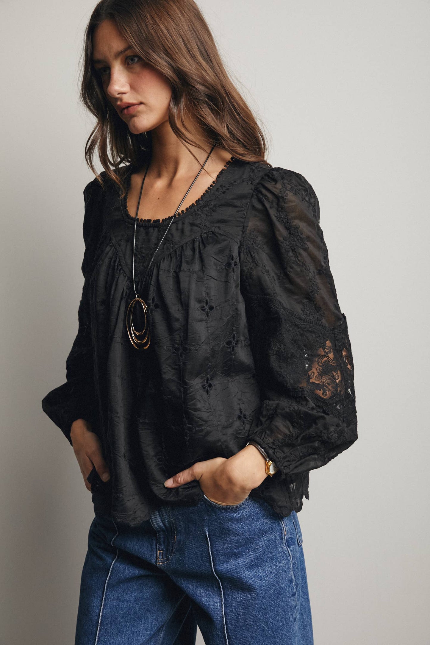 Forte - Embroidered Lace Puff Sleeve Blouse