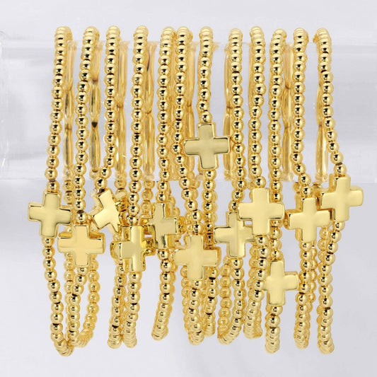 Splendid Iris - 3mm Beaded Stretch Bracelet with Single Gold Cross B3474 - 926 West