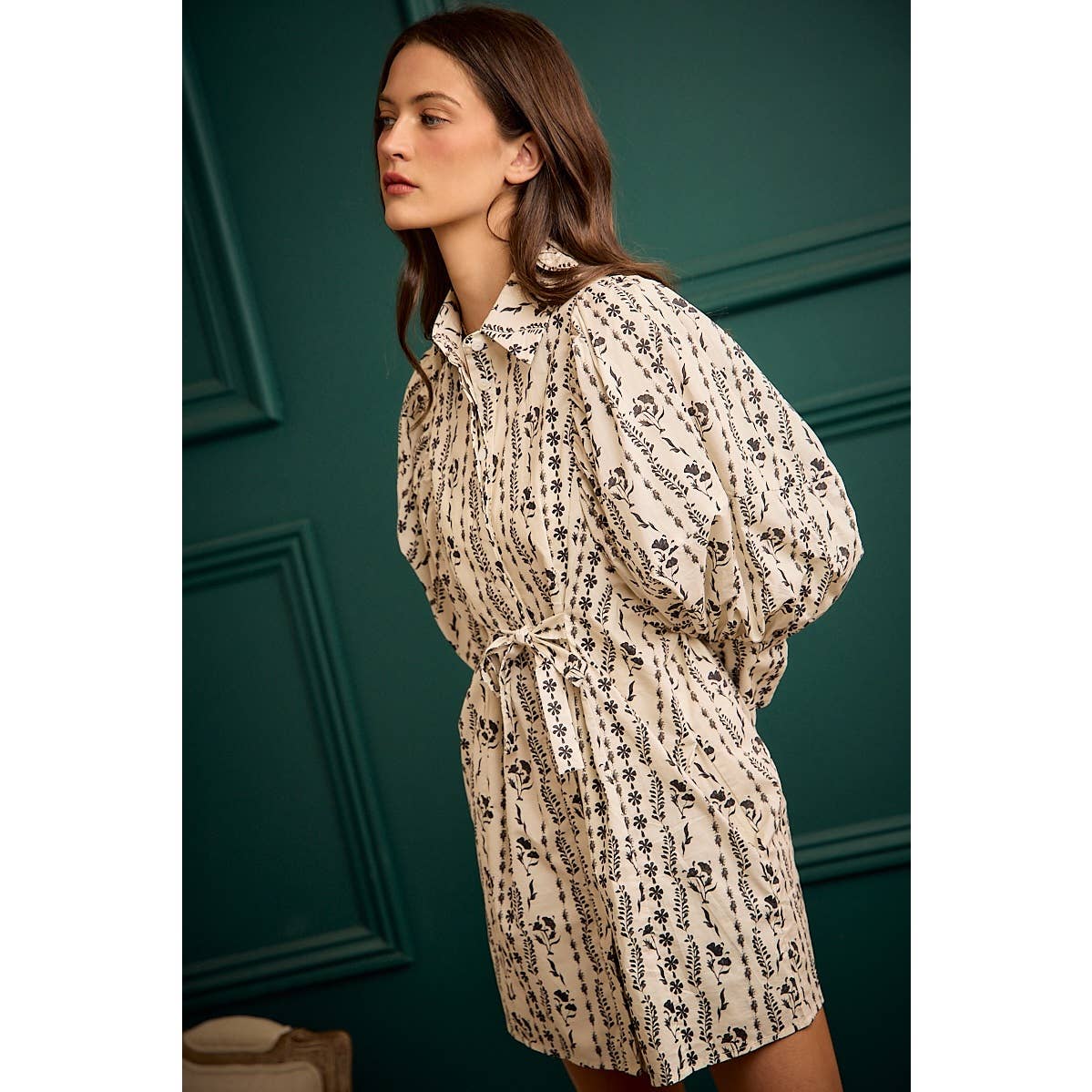 Cream Floral Puff-Sleeve Tie-Waist Mini Dress