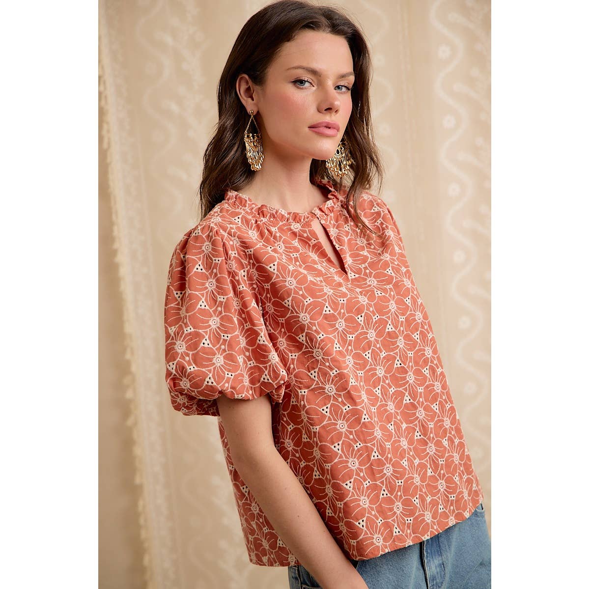 Rust Cotton Eyelet Puff Sleeve Blouse