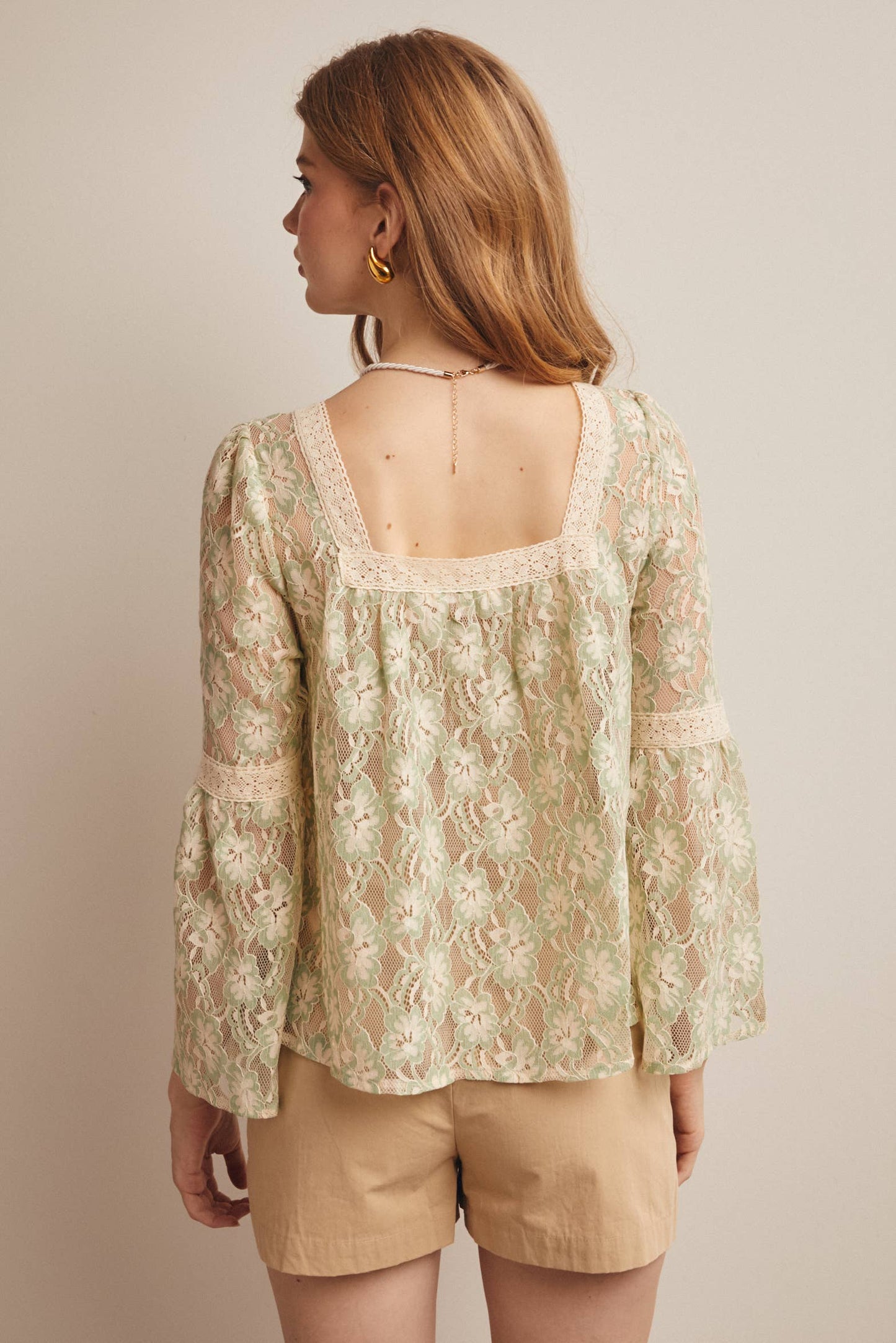 Forte - Sheer Lace Tie-Front Bell Sleeve Blouse - 926 West