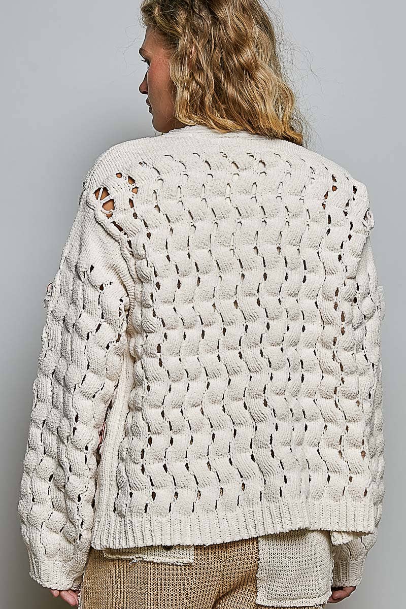 Flower Lace Patch Rib Band Solid Chenille Sweater Cardigan