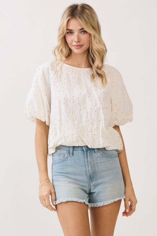 Embroidered Eyelet Bubble Sleeve Blouse - Relaxed Fit Round Neck Top