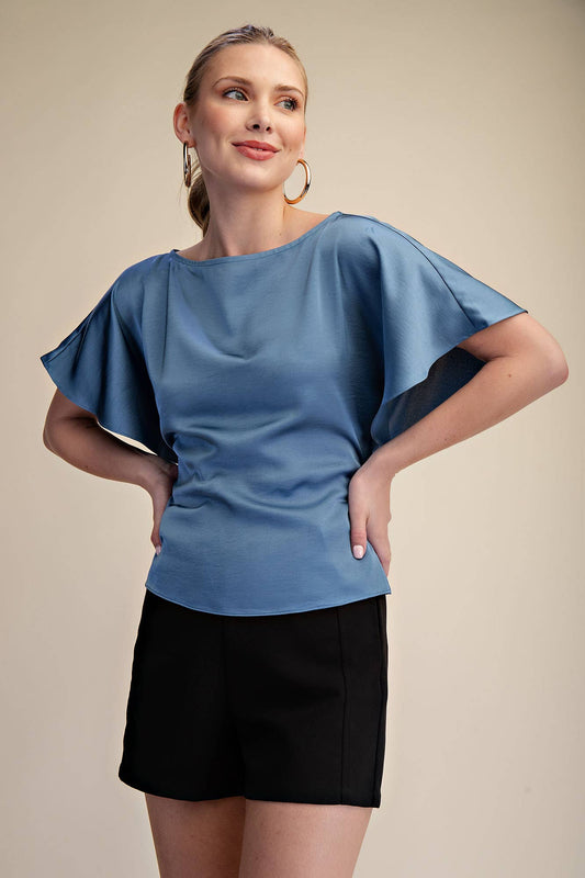 GLAM - Two Way Boat Neckline Bell Sleeve Waist Tie Top