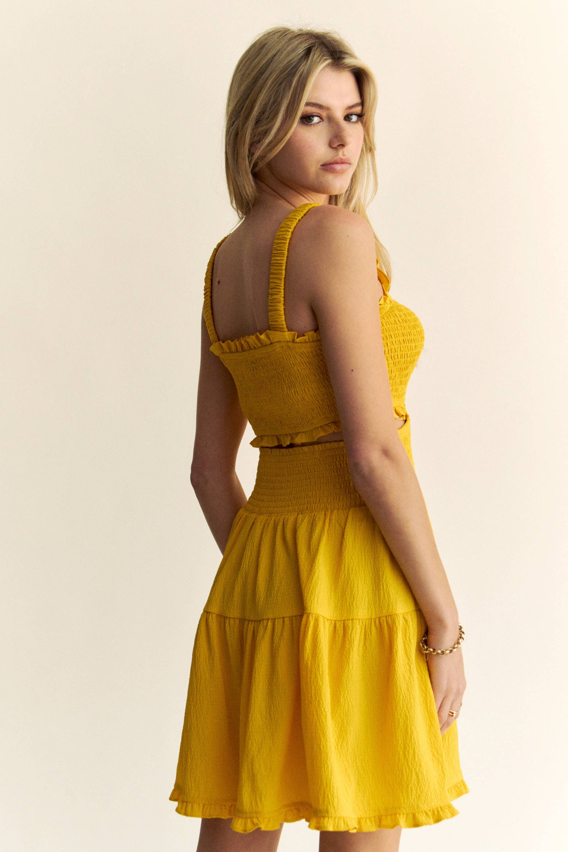 TEXTURED OPEN BACK SMOCKING CUT OUT MINI DRESS 926 WEST