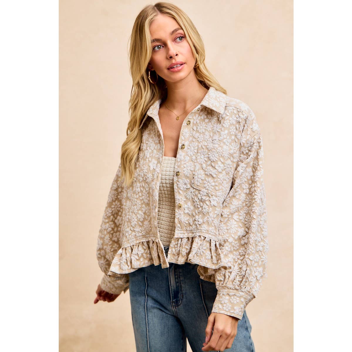 Textured Floral Ruffled Hem Button-Up Top