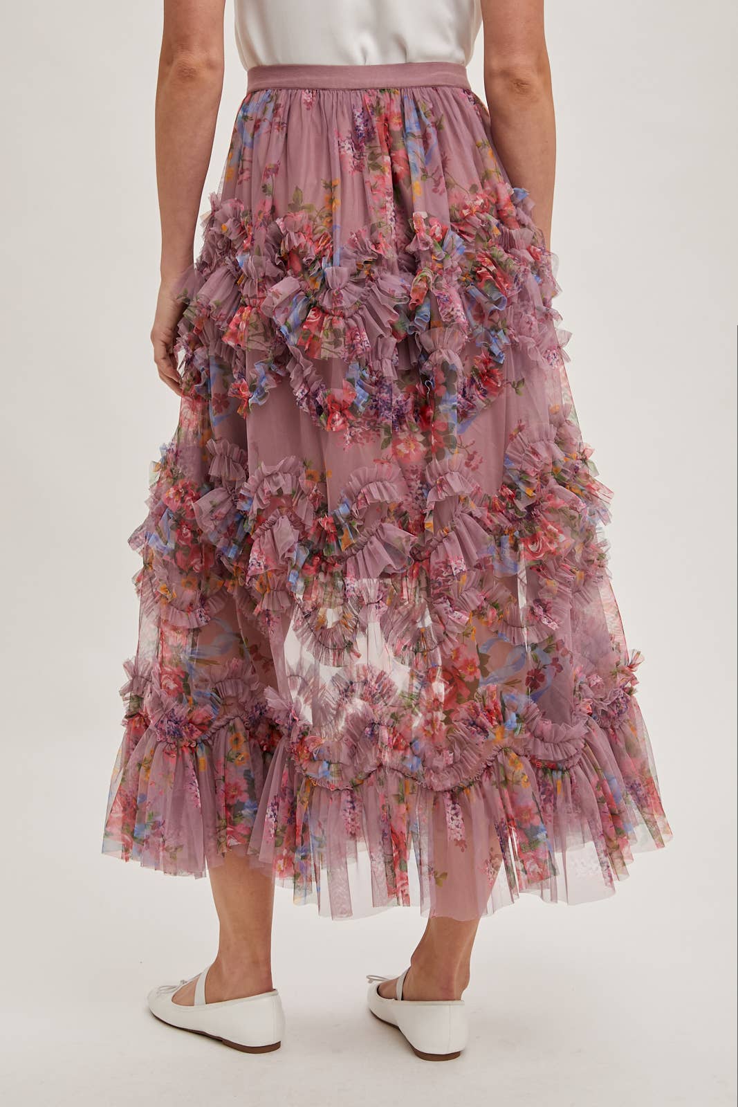 FLORAL RUFFLED MESH MIDI SKIRT Bluivy