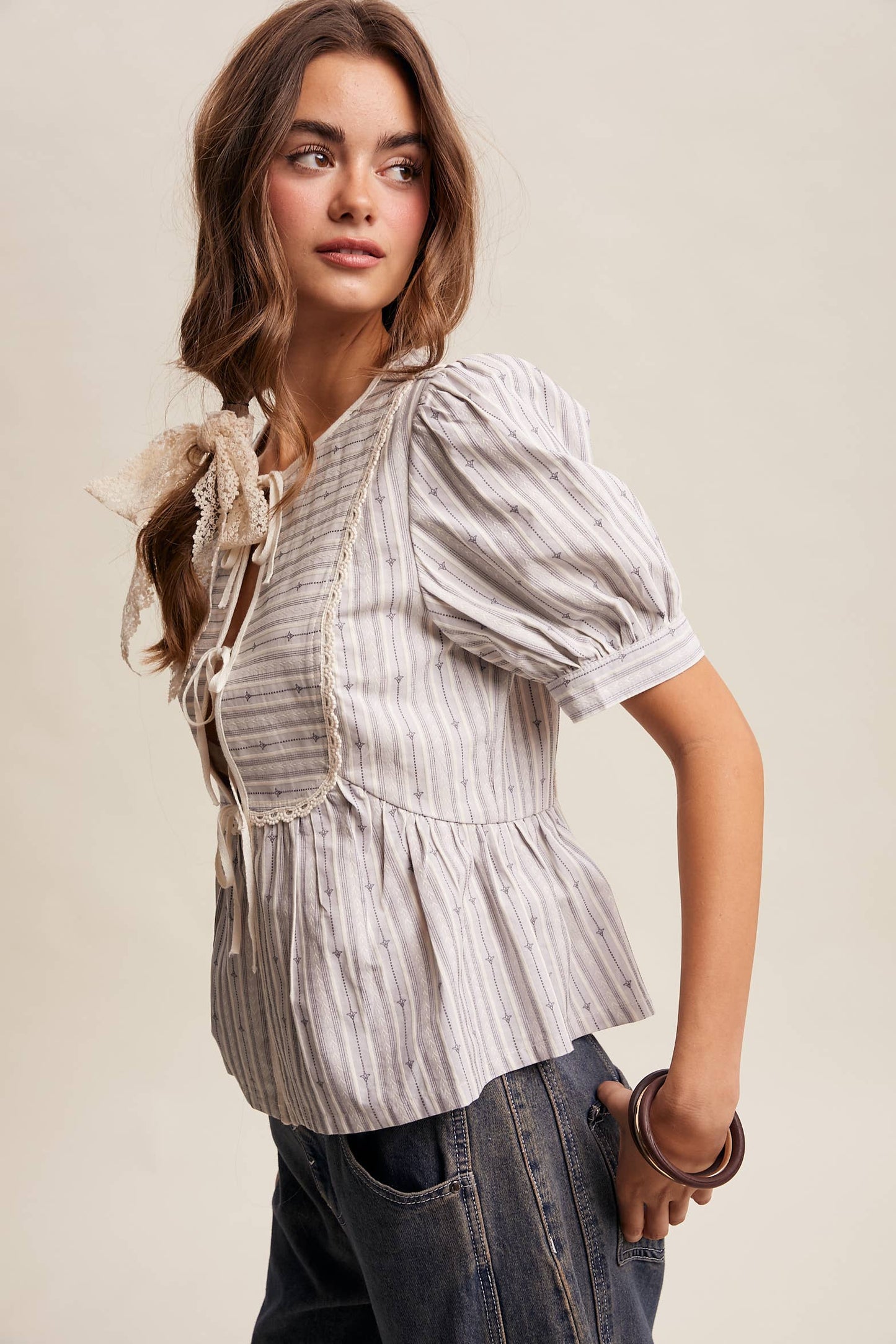 Jacquard Tie-Front Peplum Blouse – Slate Blue