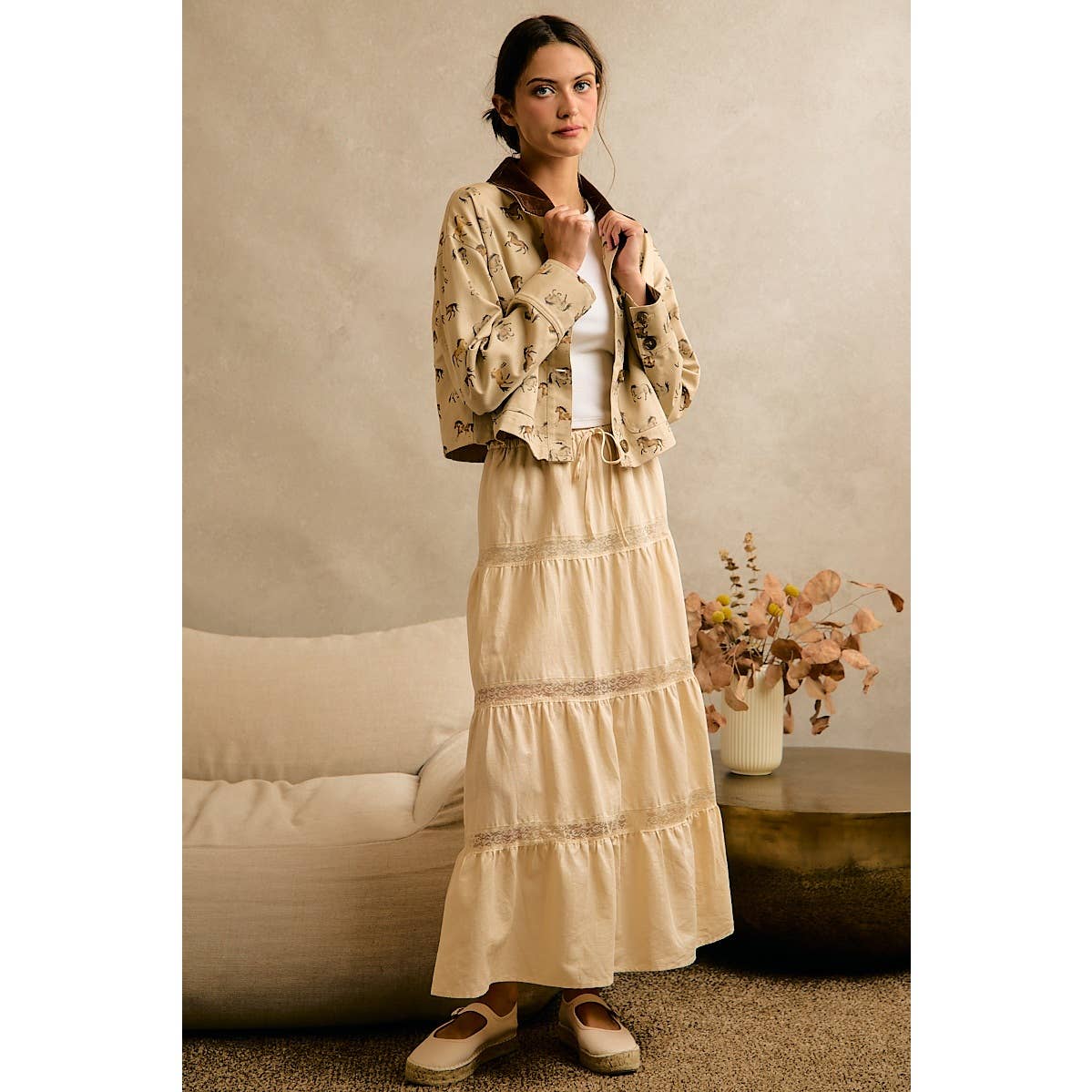 Ivory Lace-Trim Tiered Maxi Skirt