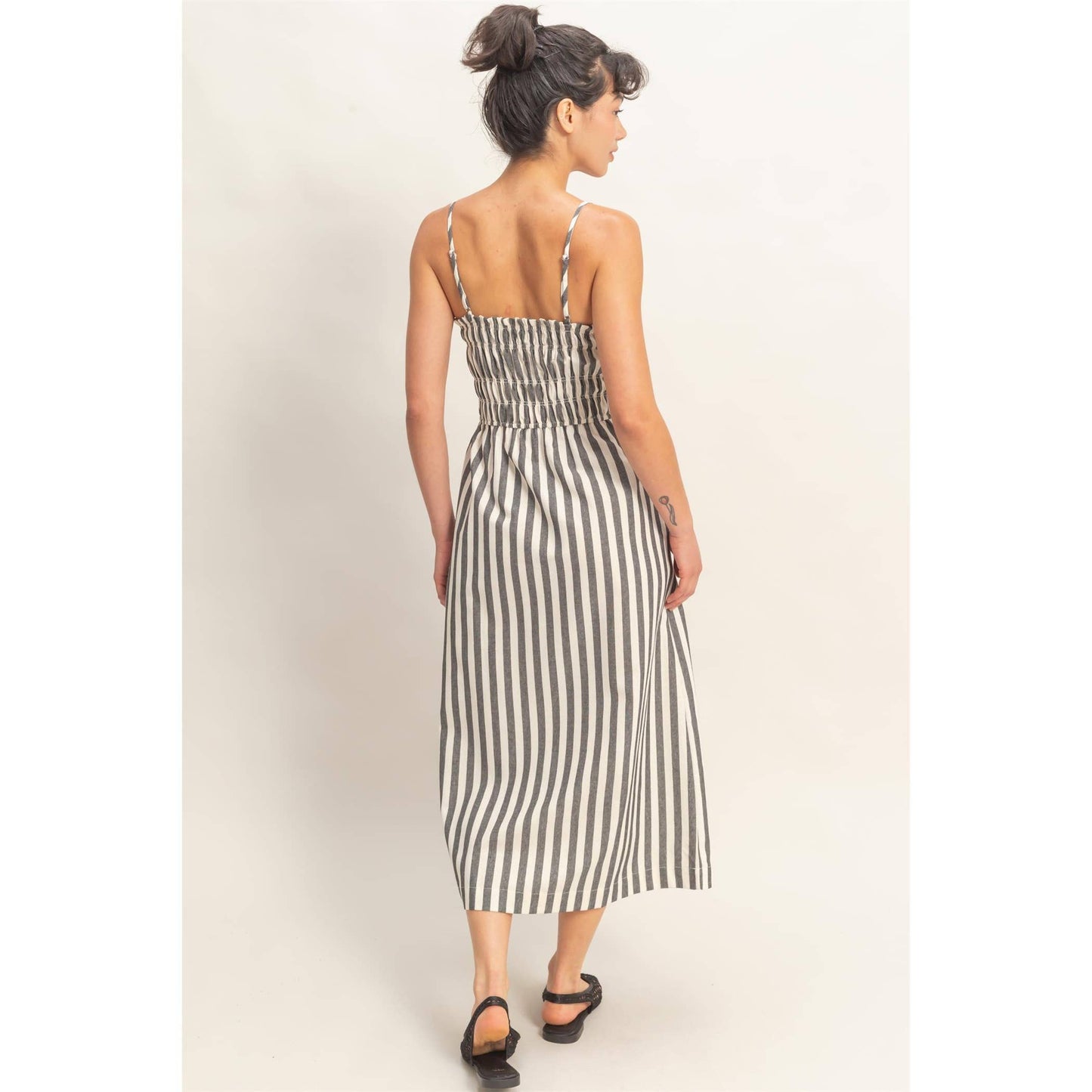 HYFVE - Striped Spaghetti Strap Smocking Midi Dress