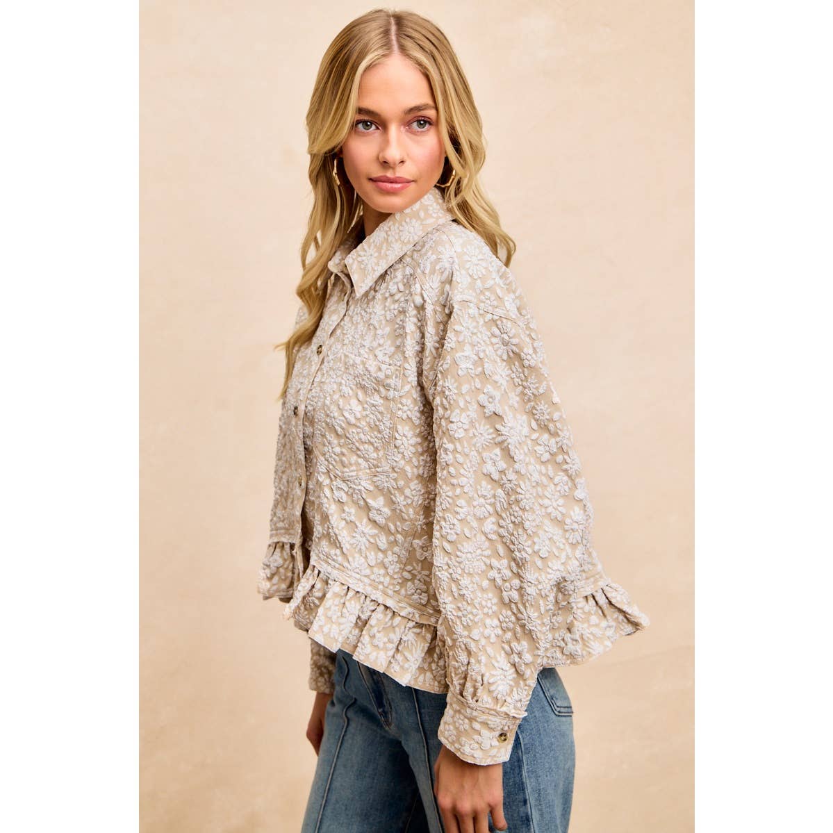 Textured Floral Ruffled Hem Button-Up Top