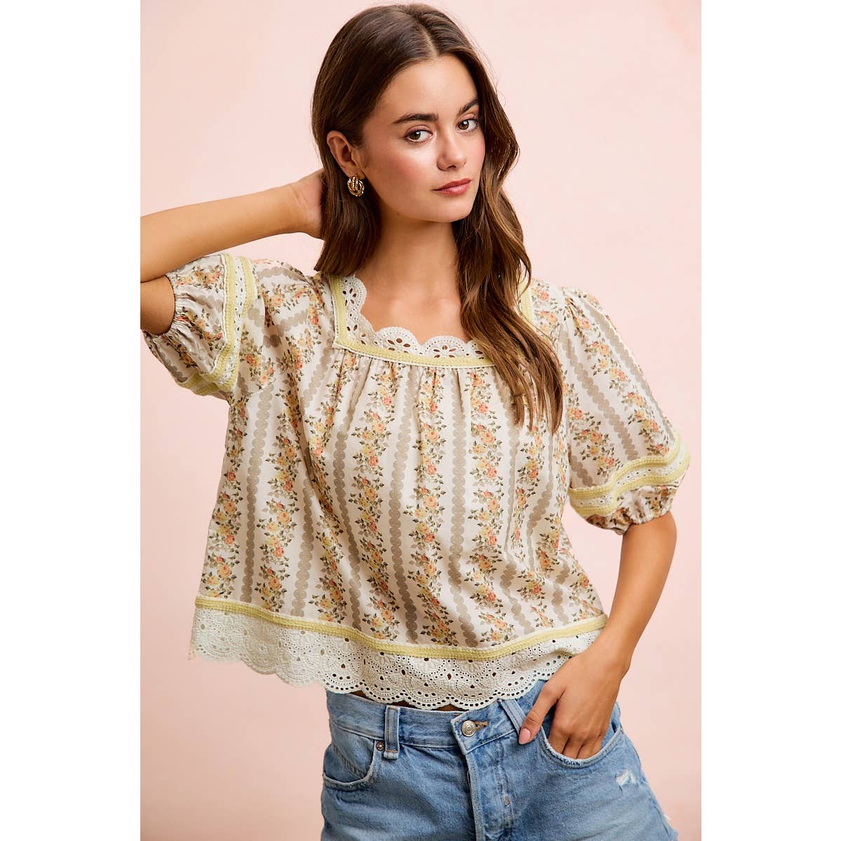 Floral Stripe Lace Trim Blouse Top