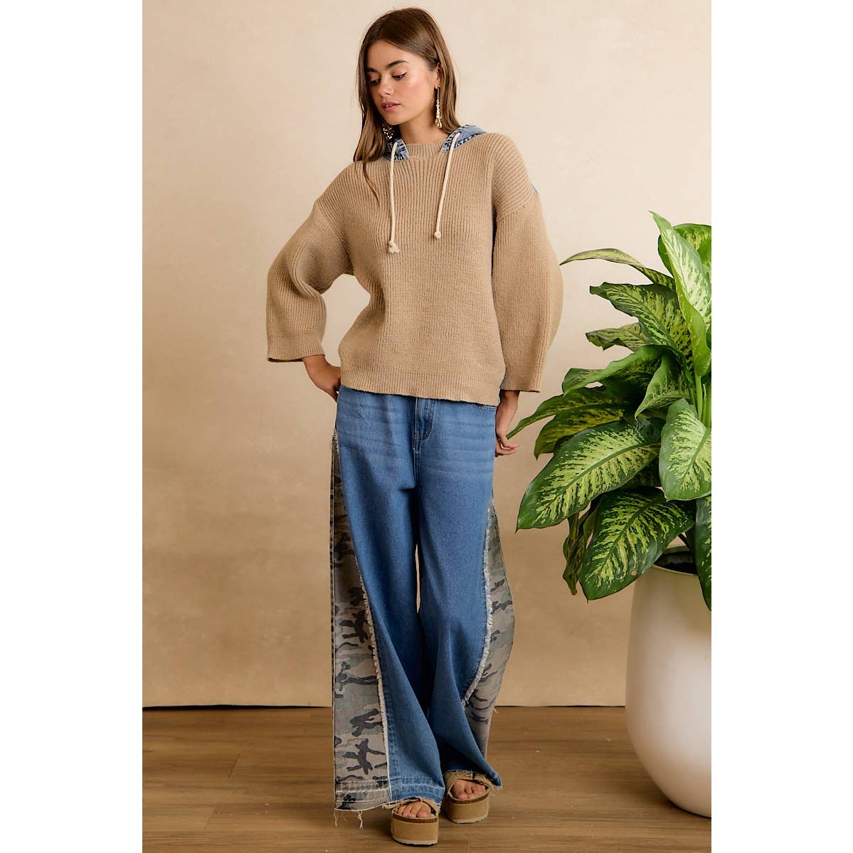 Denim Contrast Hooded Knit Pullover Top