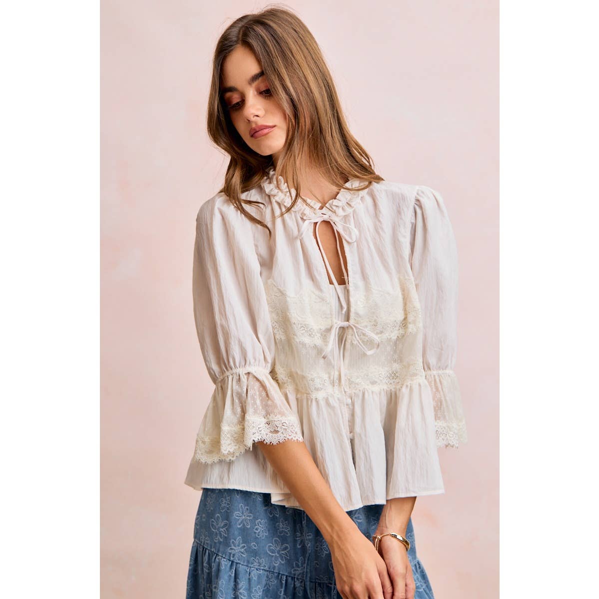 Lace Detail Front Tie Peplum Blouse