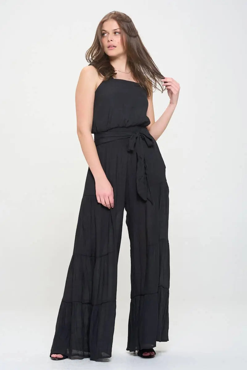 Women's Black ELASTIC STRAP TIERED JUMPSUIT 926 West