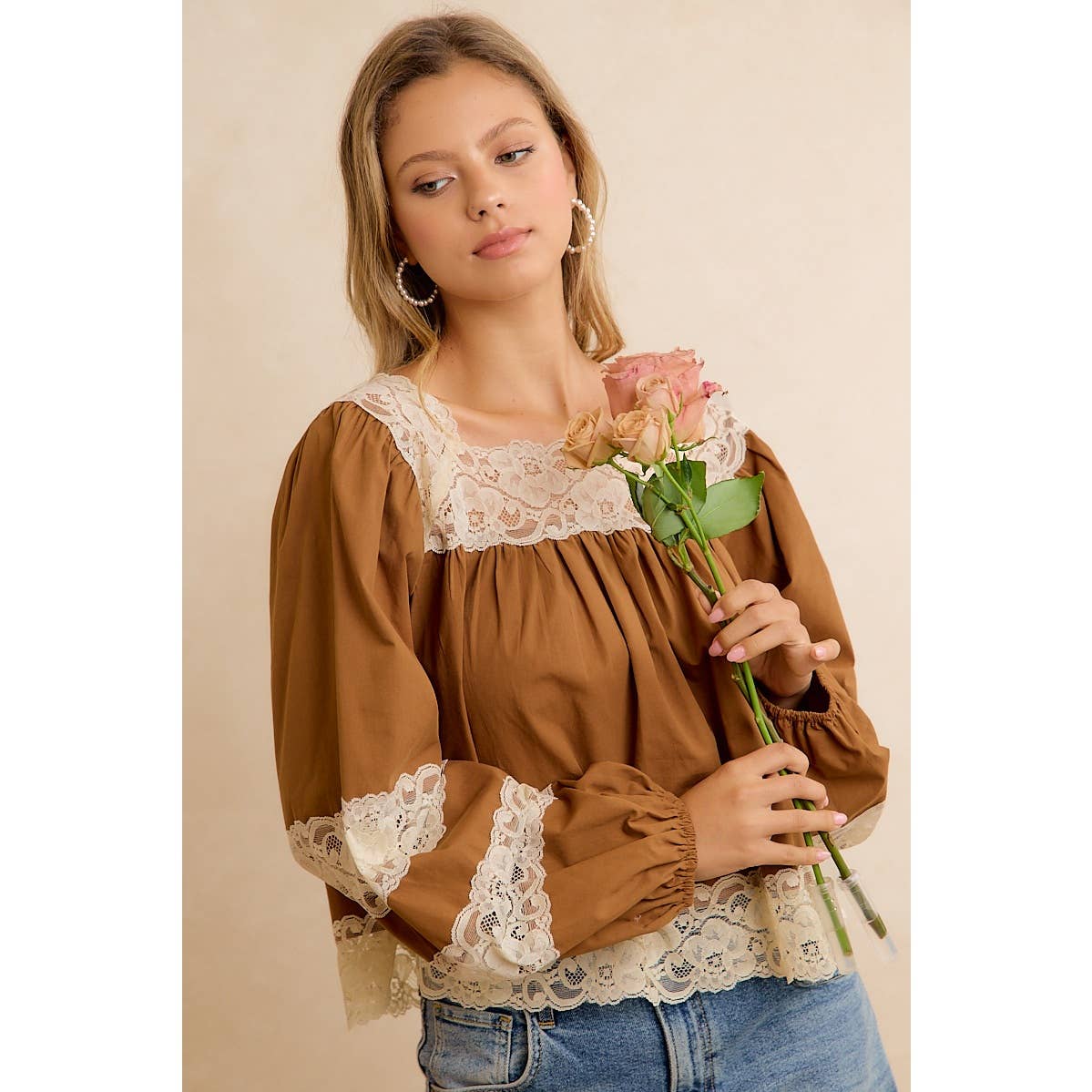 BiBi Camel Lace-Trim Balloon Sleeve Blouse