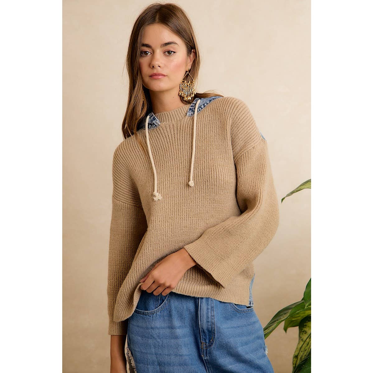 Denim Contrast Hooded Knit Pullover Top