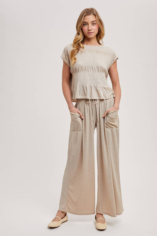 RELAXED KNIT SMOCKED TOP AND WIDE PANTS SET Bluivy