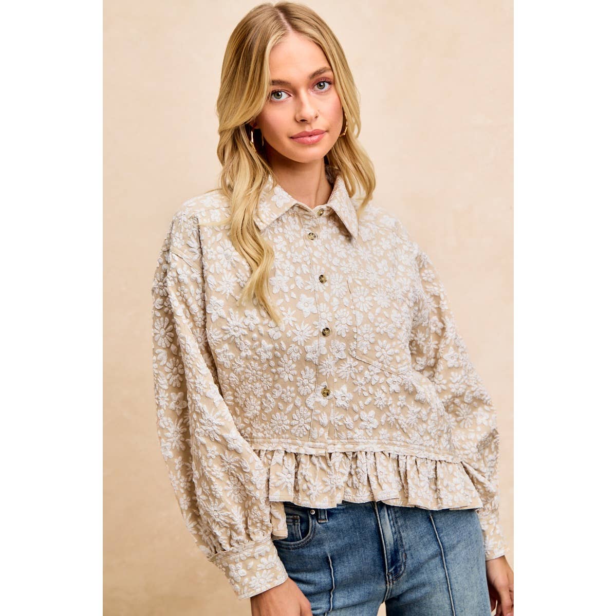 Textured Floral Ruffled Hem Button-Up Top