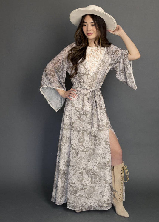 Joyfolie Sunni Lace Bell-Sleeve Maxi Dress - Neutral Hydrangea
