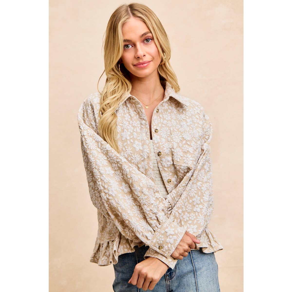 Textured Floral Ruffled Hem Button-Up Top