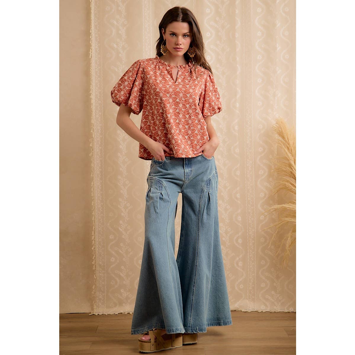 Rust Cotton Eyelet Puff Sleeve Blouse