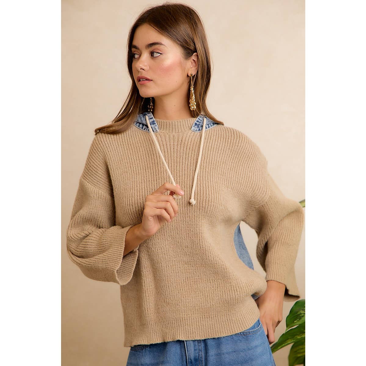 Denim Contrast Hooded Knit Pullover Top