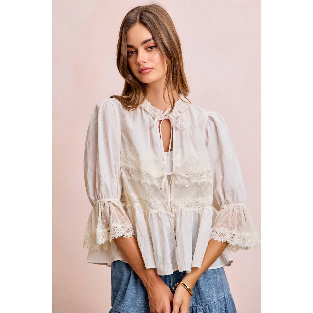 Lace Detail Front Tie Peplum Blouse