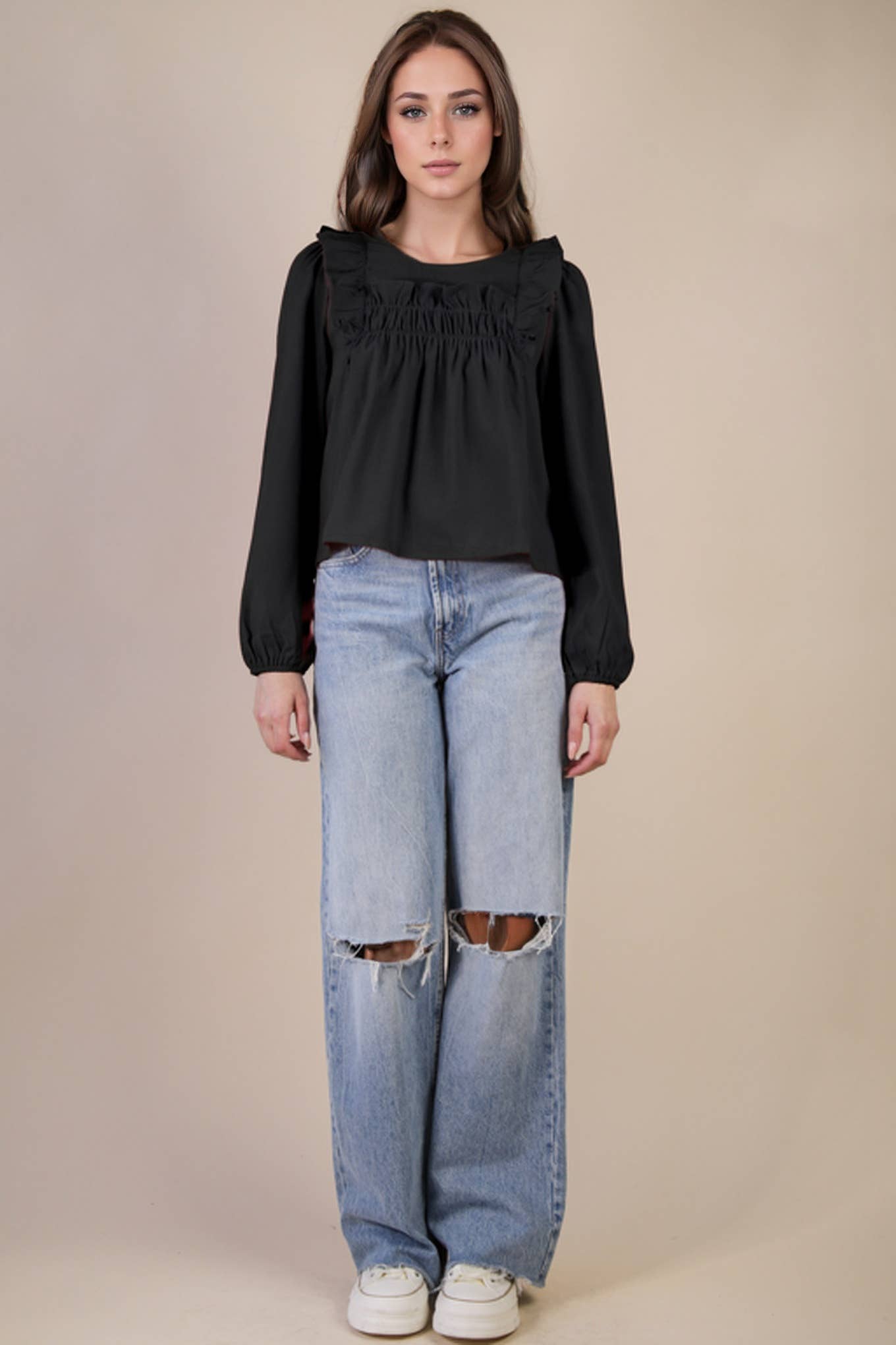 VERY J -Casual Ruffle Shoulder Woven Blouse Top