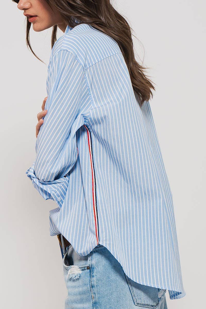 Striped Twill Tape Detail Statement Button Shirt Urban Daizy