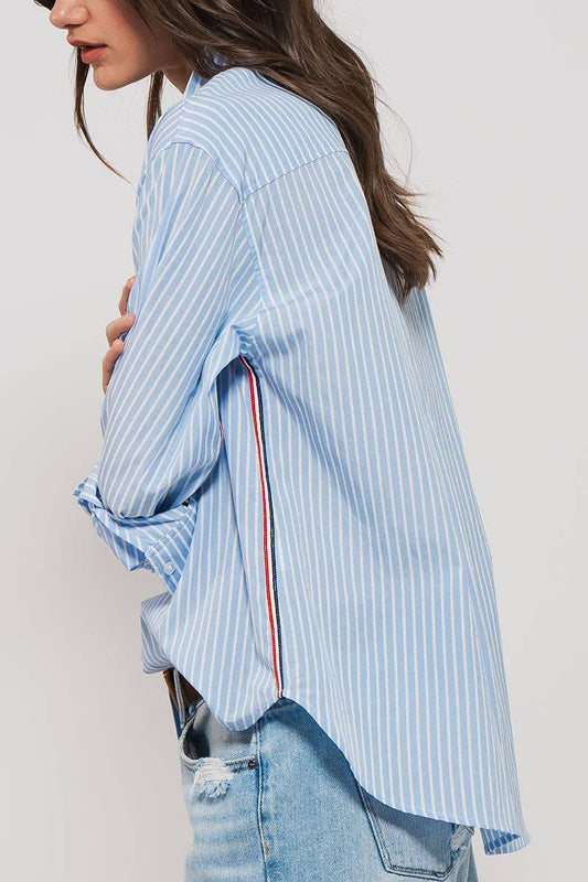 Striped Twill Tape Detail Statement Button Shirt Urban Daizy