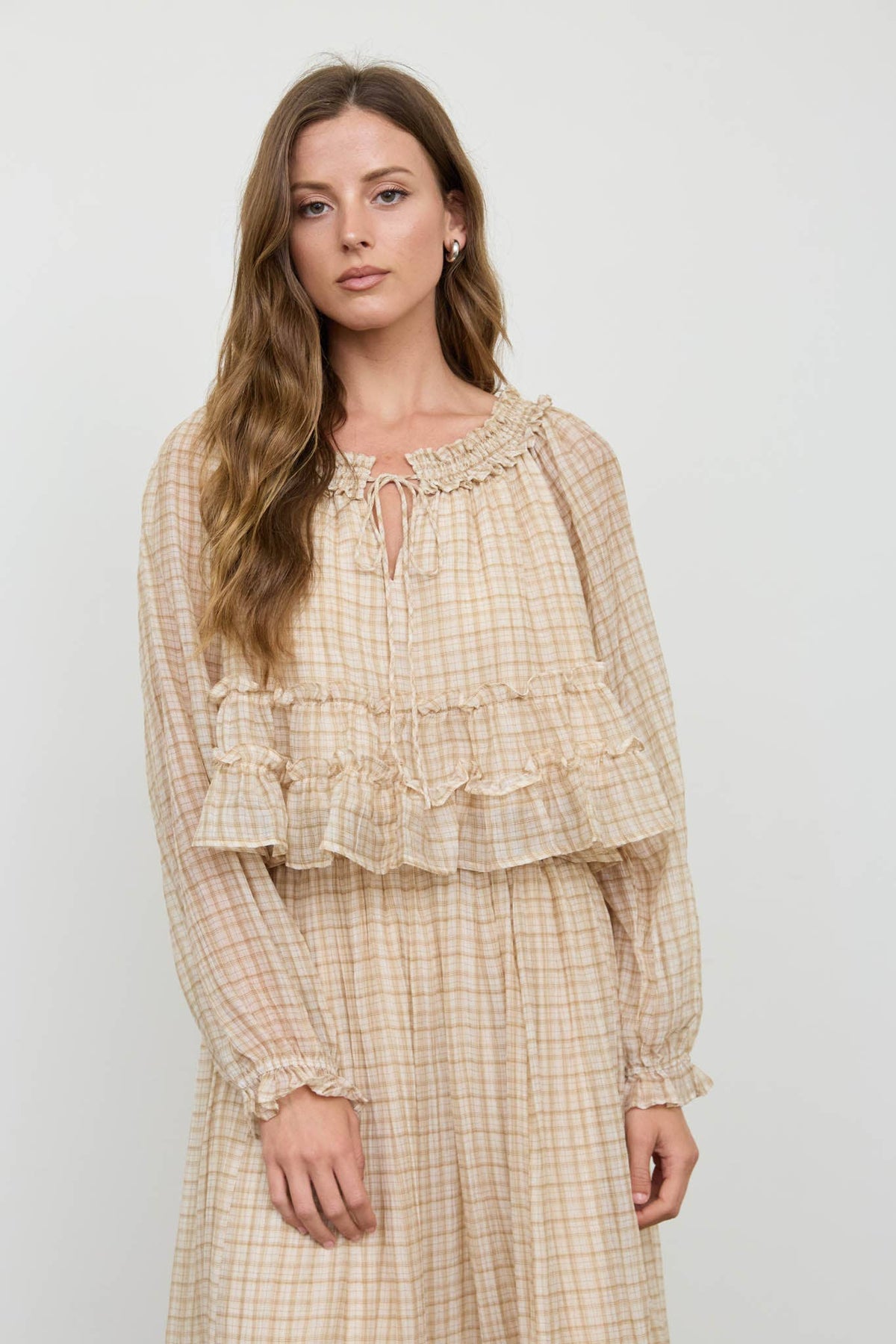 Khaki Plaid Smocked Puff Sleeve Top