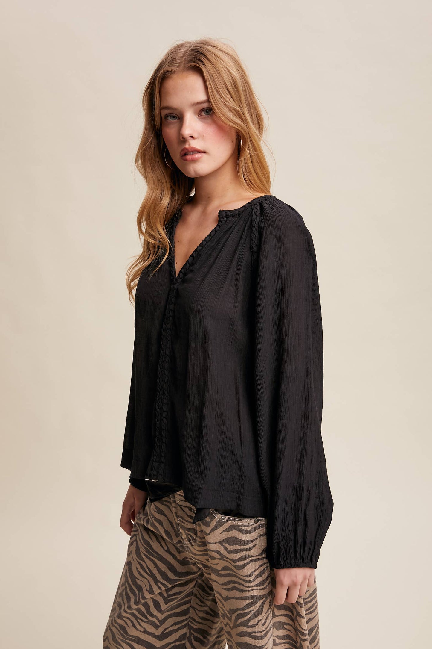 Braided Trim Peasant Blouse – Boho Flowy Top
