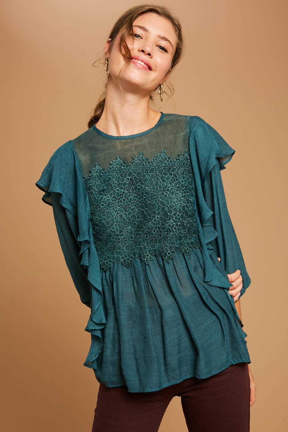 Emerald Green Floral Lace Ruffle Peasant Blouse