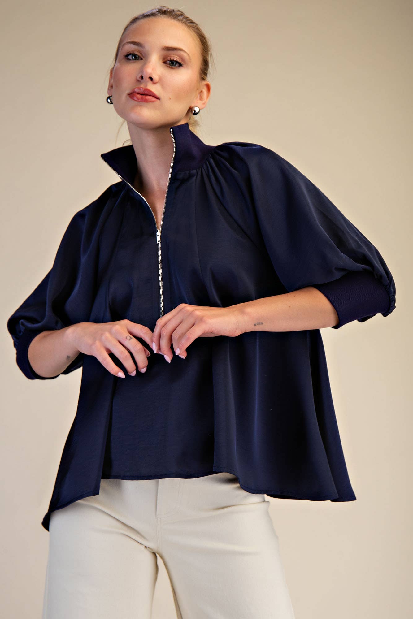 GLAM - Mock Neck Band Puff Sleeve Elegance Blouse