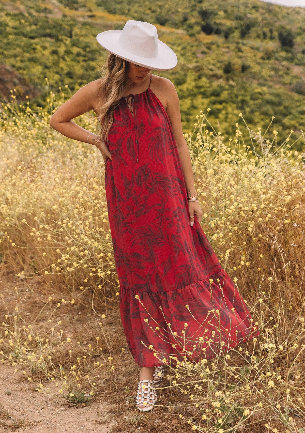FINAL SALE- Lovestich-Flowy Floral Tie Front Halter Maxi Dress Lovestitch
