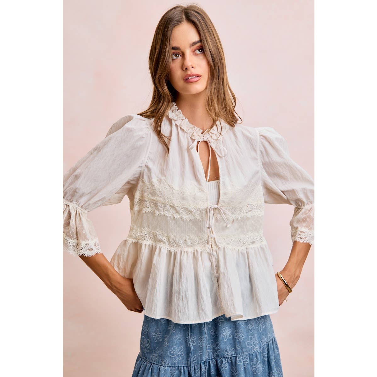 Lace Detail Front Tie Peplum Blouse