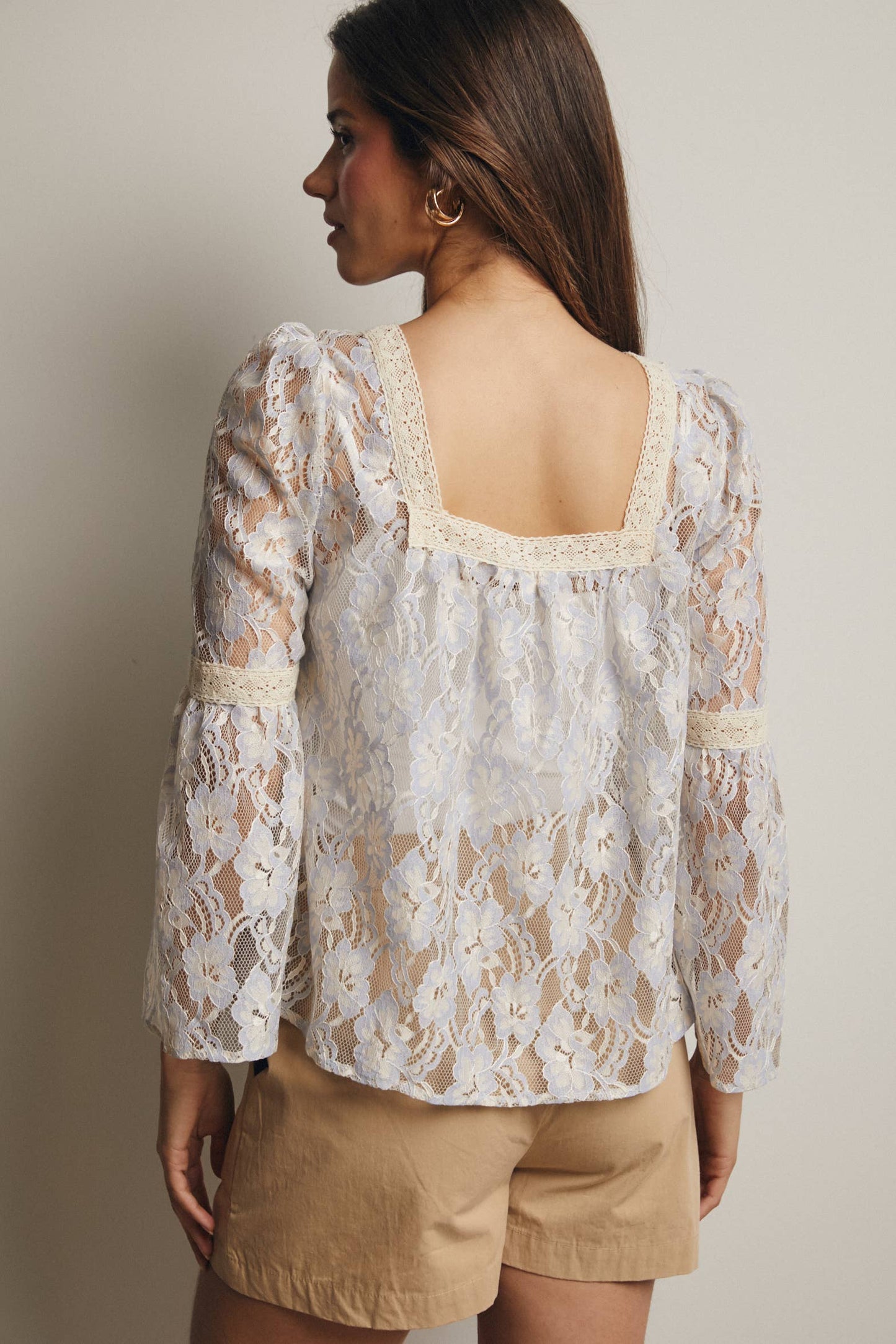 Forte - Sheer Lace Tie-Front Bell Sleeve Blouse - 926 West